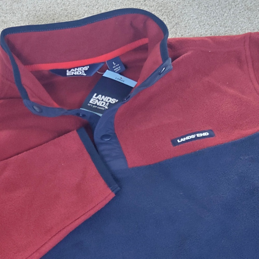 Lands End Men's Fleece Pullover 1/4 Snap SZ Large Blue & Dk Red Long Sleeve NWT